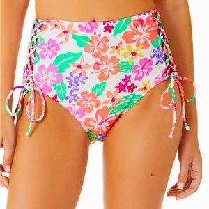 California Waves High Waist Bikini Bottom Neon Multi Color Floral Lace Up NWT🏷️